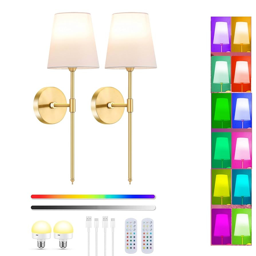 Battery Operated Wall Sconce Lights Set of Two, Gold Wireless Rechargeable Wall Sconces, 15RGB Co... | Amazon (US)