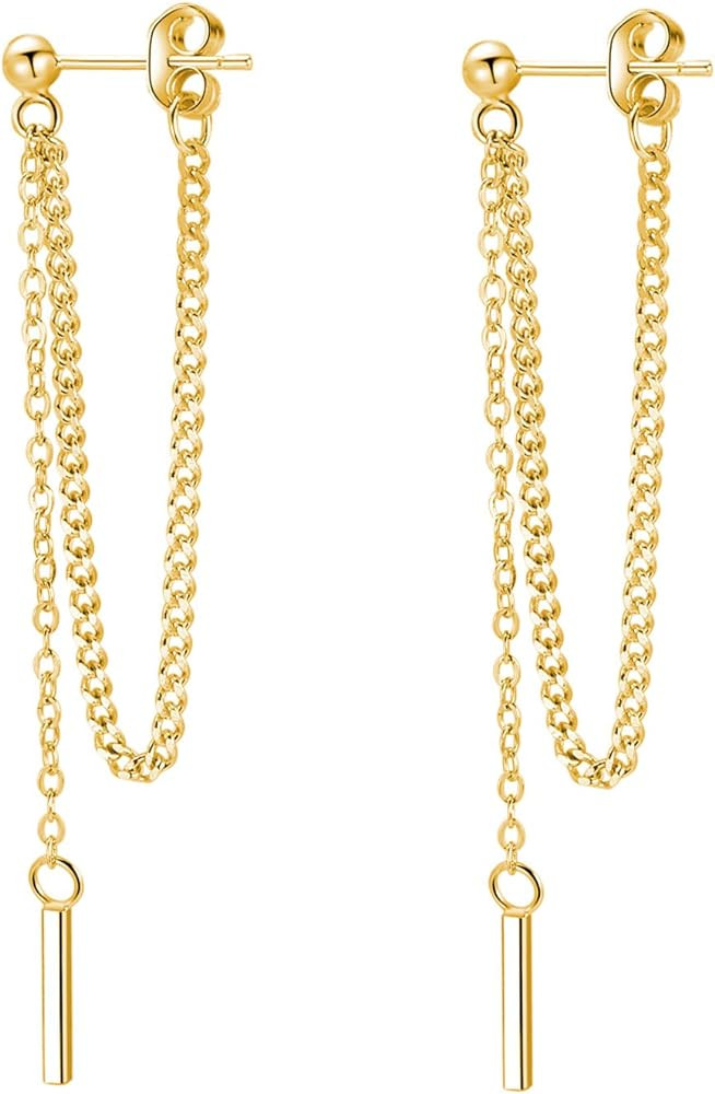 SLUYNZ 925 Sterling Silver Bar Dangle Earrings for Women Teen Girls Threader Earrings Chain | Amazon (US)