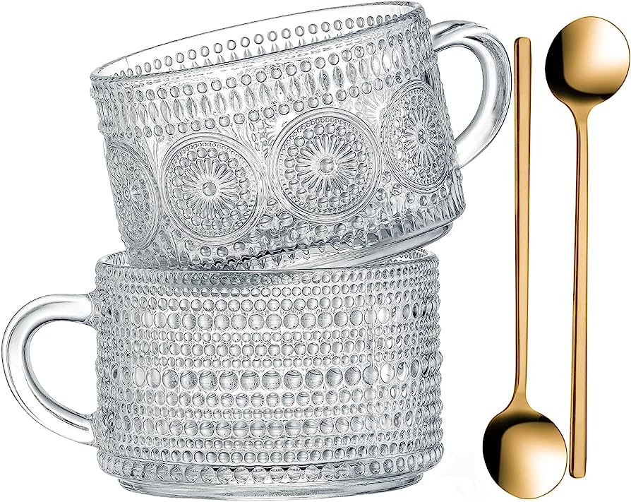 Gezzeny Vintage Glass Coffee Mugs 14 Oz Set of 2 Clear Embossed Tea Cups, Glass Coffee Cups for C... | Amazon (US)