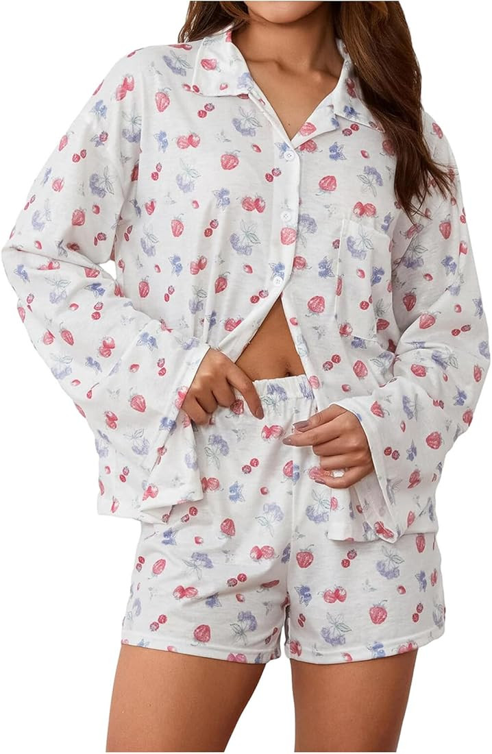 QIGUANDZ Funny Fruits Pajama Sets for Womens Loose Button Down Long Sleeve Shirts and Pants Set S... | Amazon (US)