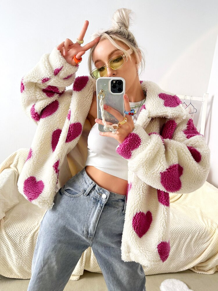 Heart Pattern Drop Shoulder Fleece Jacket | SHEIN