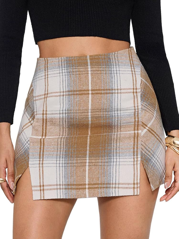 EXLURA Women's Fashion Faux Wool Mini Skirt High Waisted Y2K Trendy Side Slit Tweed Plaid Skirts ... | Amazon (US)