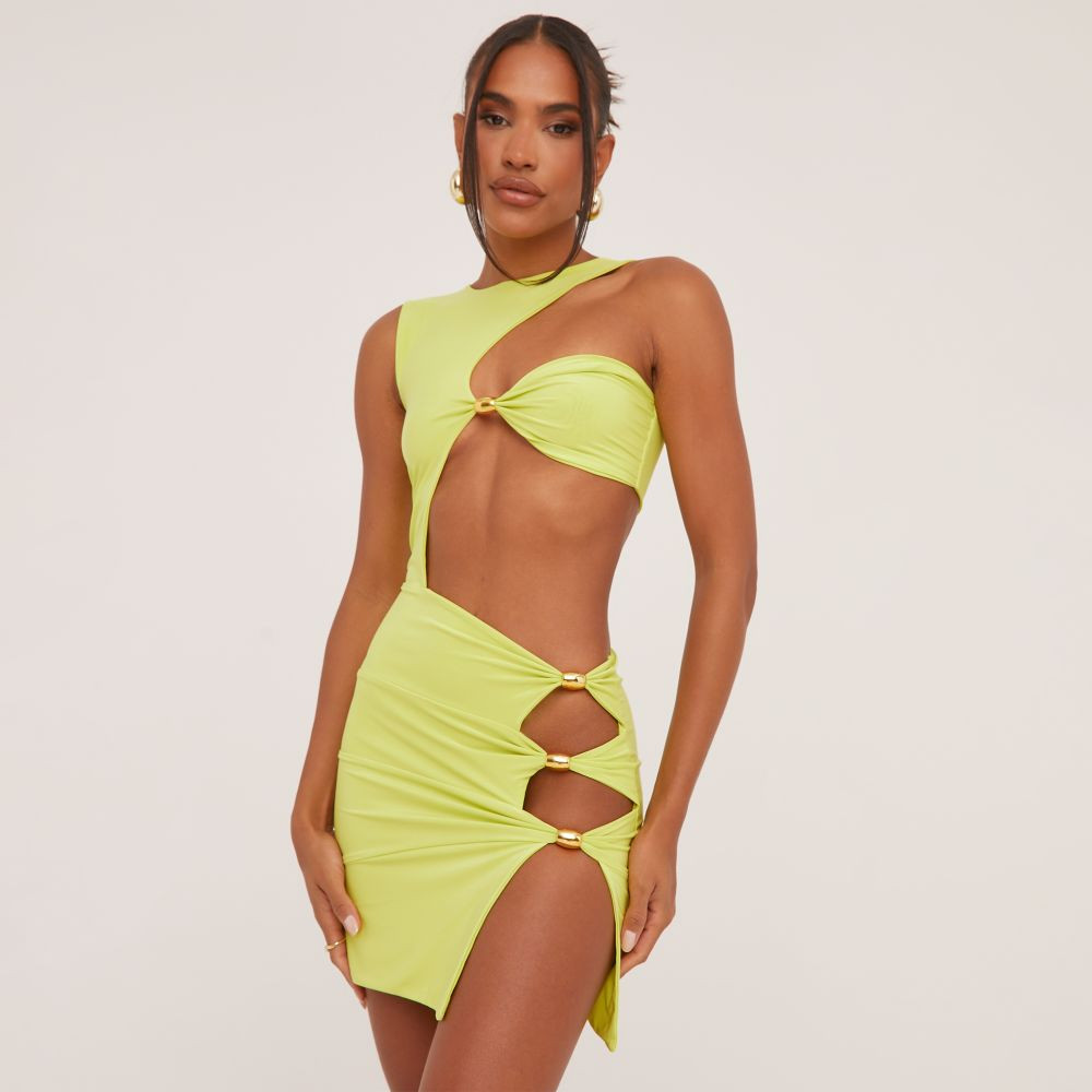 Extreme Cut Out Beaded Detail Split Leg Mini Bodycon Dress In Lime | EGO (UK)