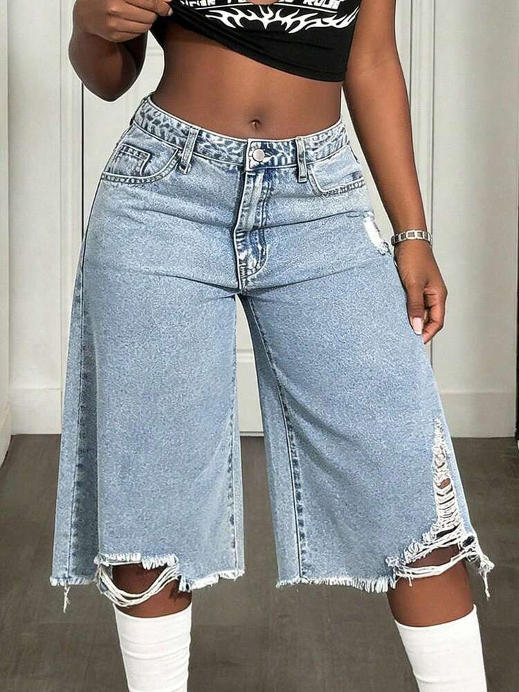 Women's Distressed Asymmetrical Hem Denim Capri Pants Casual Summer | SHEIN