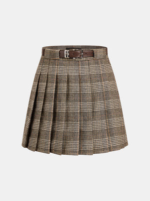 Belted Plaid Pleated Wool Blend Mini Skirt | Commense