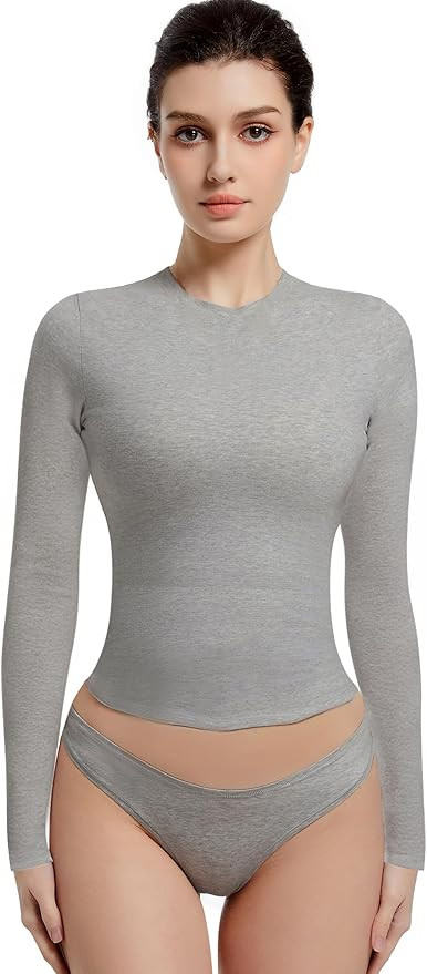 Long Sleeve Shirts for Women Crewneck Basic Tees T Shirts Fitted Crop Tops Y2k Going Out Tops | Amazon (US)