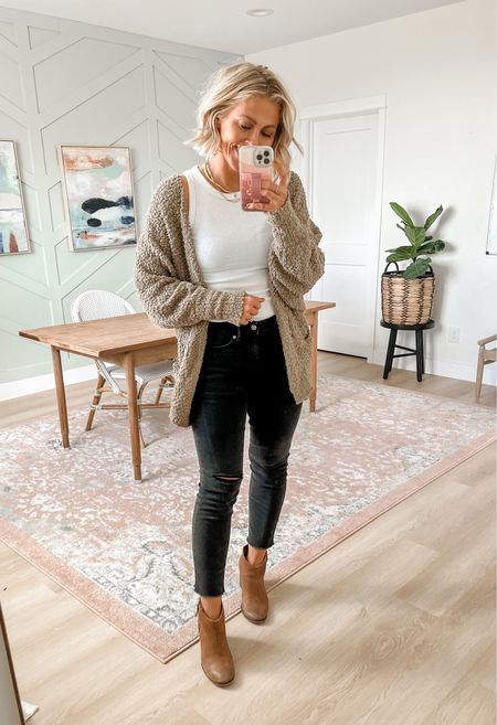 
Wearing medium in this cardigan from Amazon 
$40
Comes in lots of colors 

Jeans and boots are true to size 


#LTKunder50 #LTKSeasonal #LTKunder100