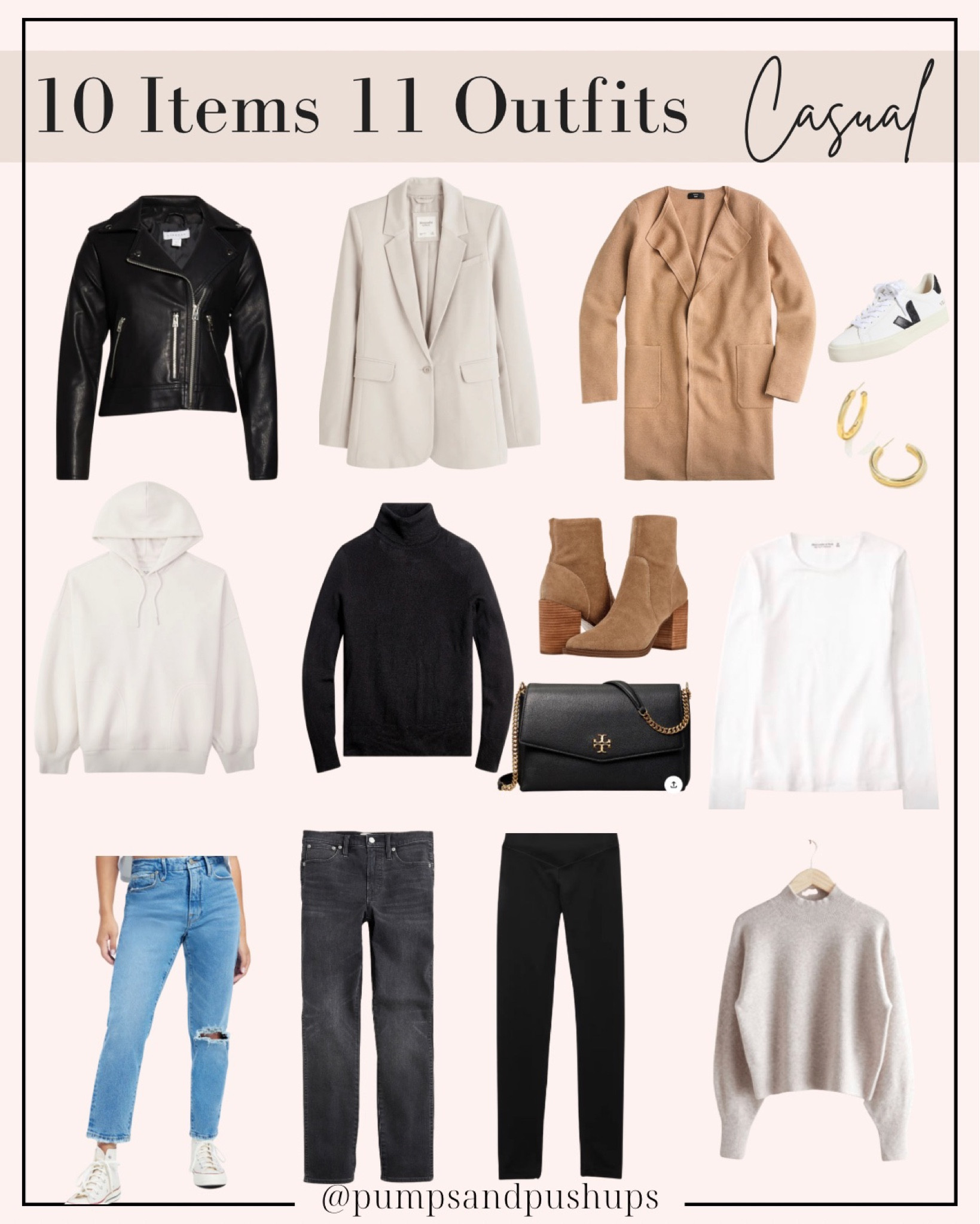 10 items 11 outfits 

Black leather jacket - 0 
Taupe blazer - petite xxs 
Camel sweater/ - xxs 
Sweatshirt - xxs 
Black turtleneck - xs 
White shirt - xs 
Light jeans - petite 00 
Charcoal jeans - petite 24 
Leggings- xs short 
Mockneck sweater - xs 
