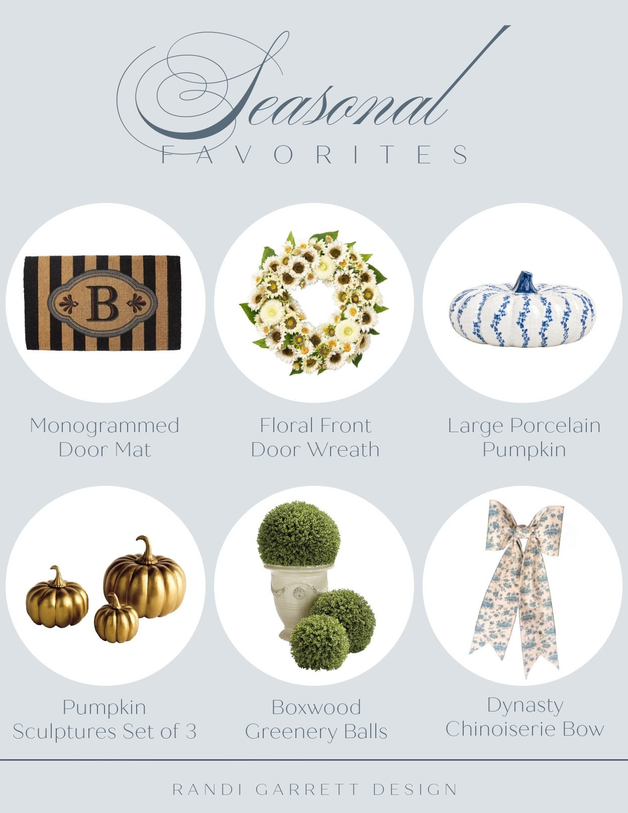 Blue and white fall porch! You’ll love these sunflower wreaths, blue and white pumpkins, faux zinnias and boxwood topiaries. The monogrammed doormat comes in single and double door sizes. The French planters also come in several colors.