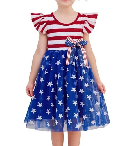Beganly 4th July Girls Dress USA Independence Day Outfits Baby Toddler Tulle Tutu Red White Blue Star Stripes Ruffle Sleeves Bow Princess Party Dresses American Flag 110 | Amazon (US)