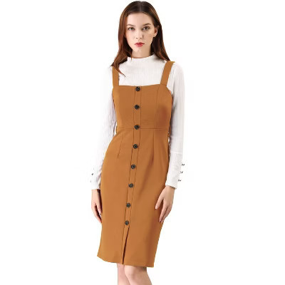 INSPIRE CHIC Women's Classic Button Decor Slim Fit Sleeveless Tie Waist Pinafore Overall Dress Brown Medium | Target