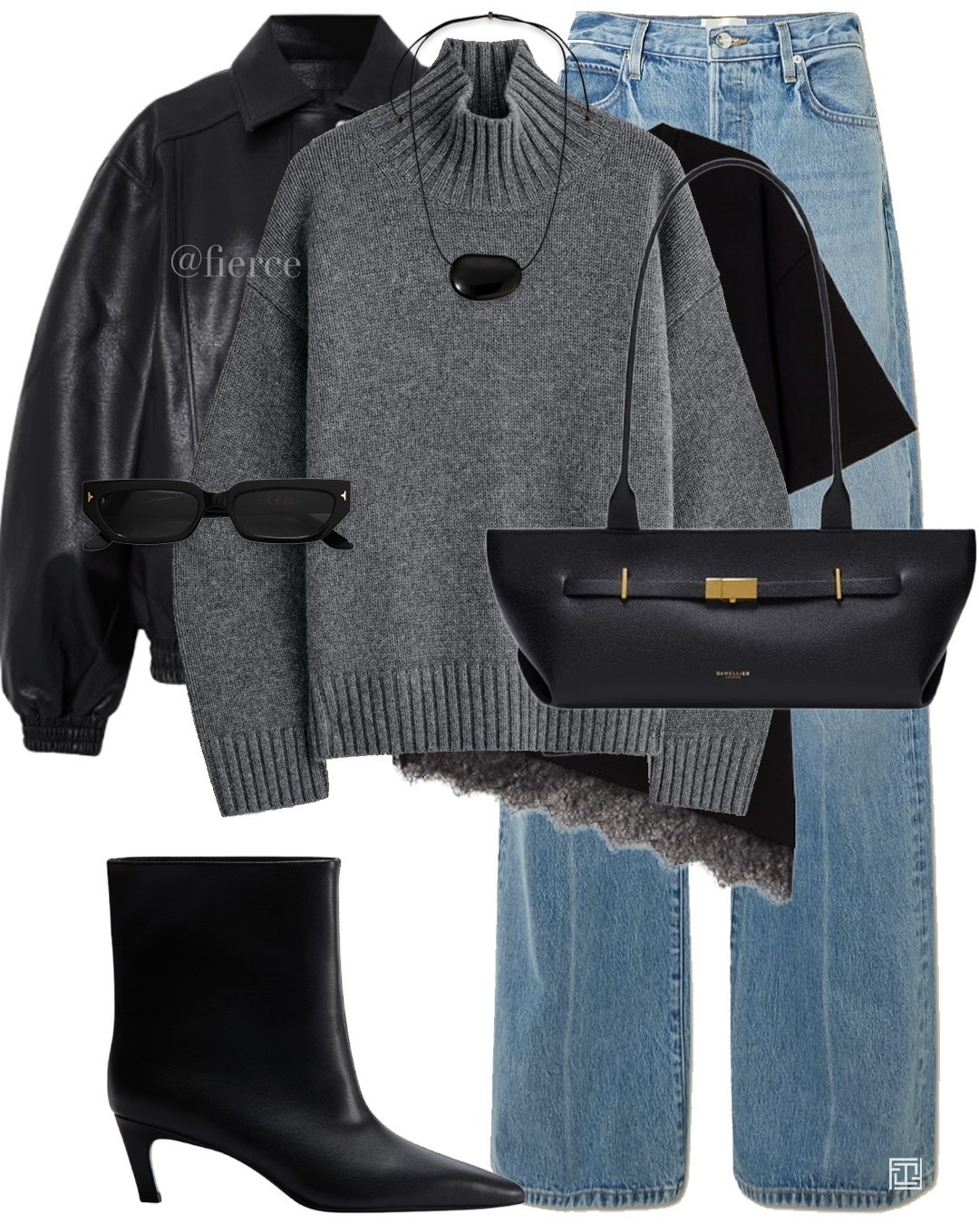Blue jeans black leather bomber jacket lace trimmed black t-shirt grey roll neck jumper chic outfit date night city break 

#LTKeurope #LTKwinter #LTKuk