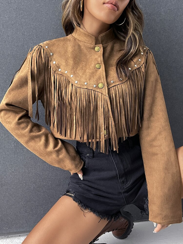 SHEIN Unity Studded Tassel Trim Faux Suede Crop Jacket | SHEIN