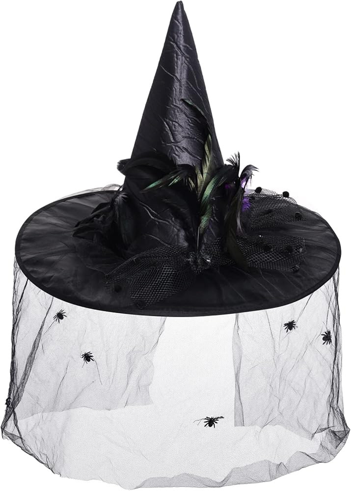 Witch Hat for Women Halloween Large Ruched Witch Hat with Veil Feathers Spiders Cosplay Costumes ... | Amazon (US)