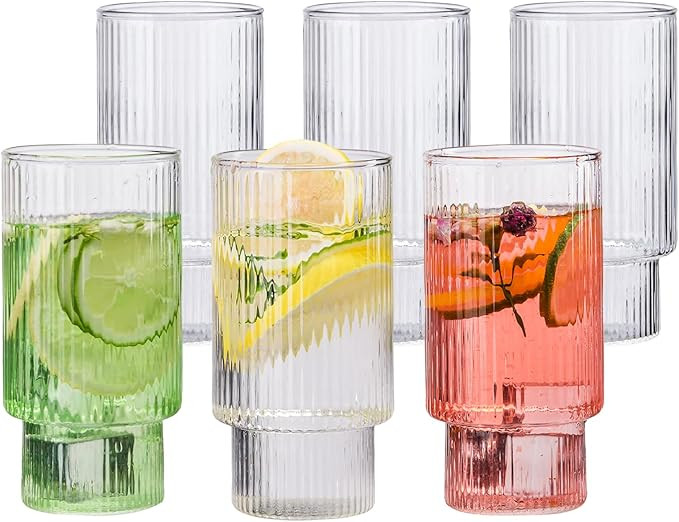 Ribbed Drinking Glasses Set of 6, 14oz Water Glasses,Vintage Glass Cups,Clear Glass Tumbler,Ribbe... | Amazon (US)