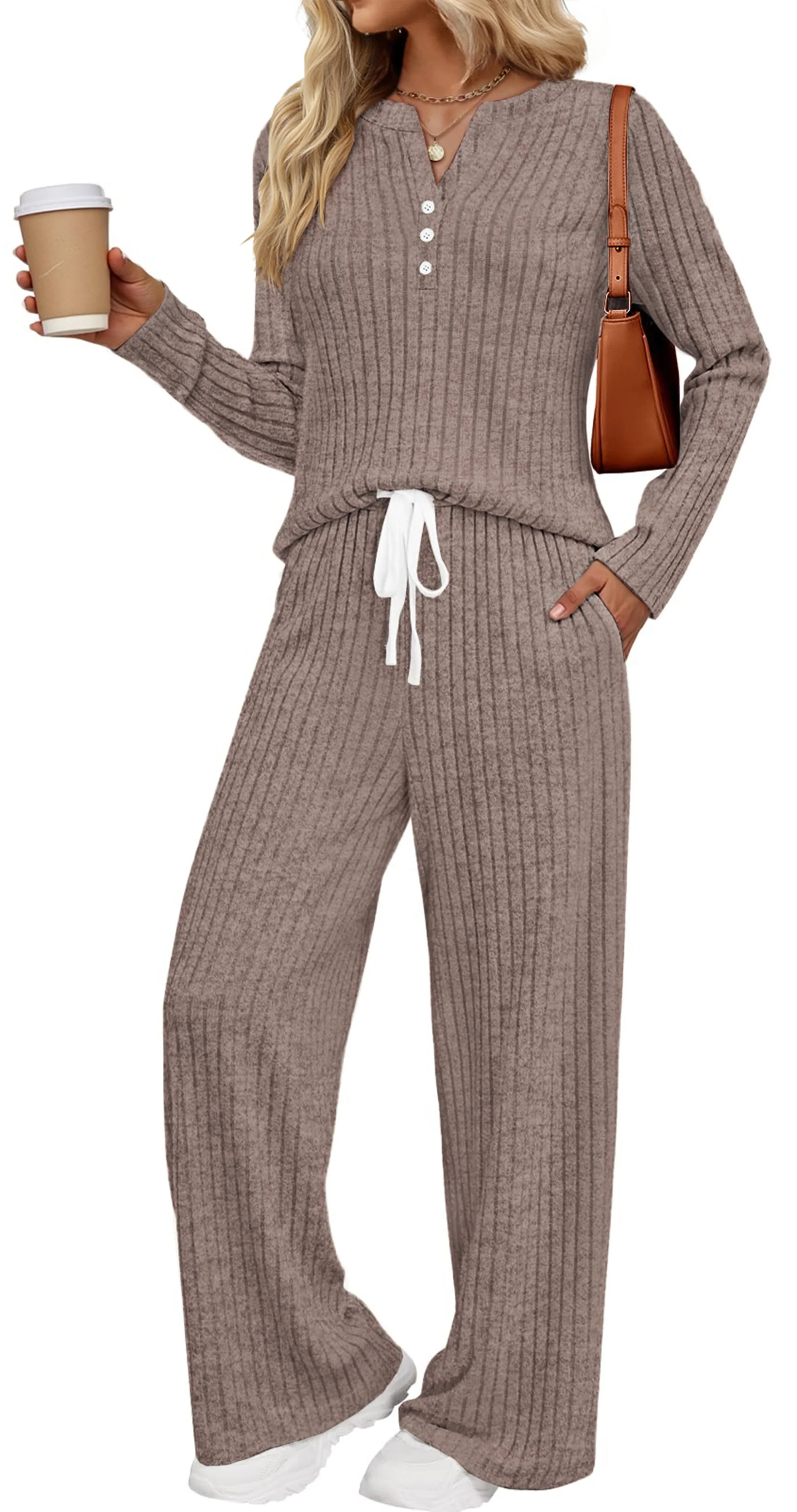 Fantaslook Two Piece Lounge Sets for Women Fall Travel Outfits Henley Neck Sweater tops Wide Leg ... | Walmart (US)