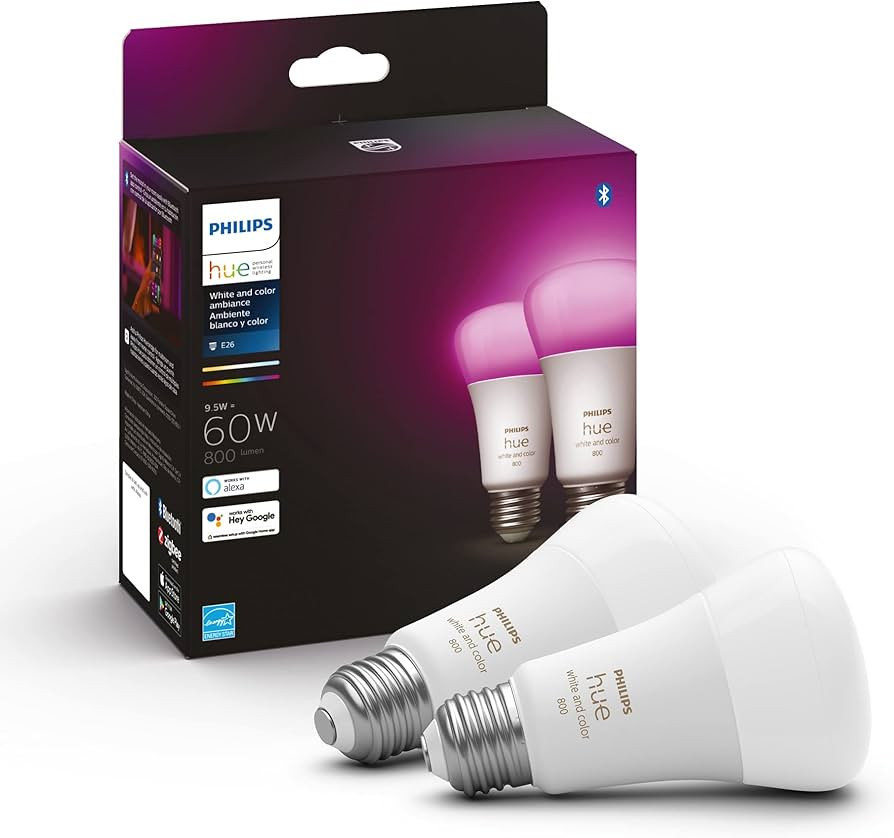Philips Hue Smart 60W A19 LED Bulb - White and Color Ambiance Color-Changing Light - 2 Pack - 800... | Amazon (US)