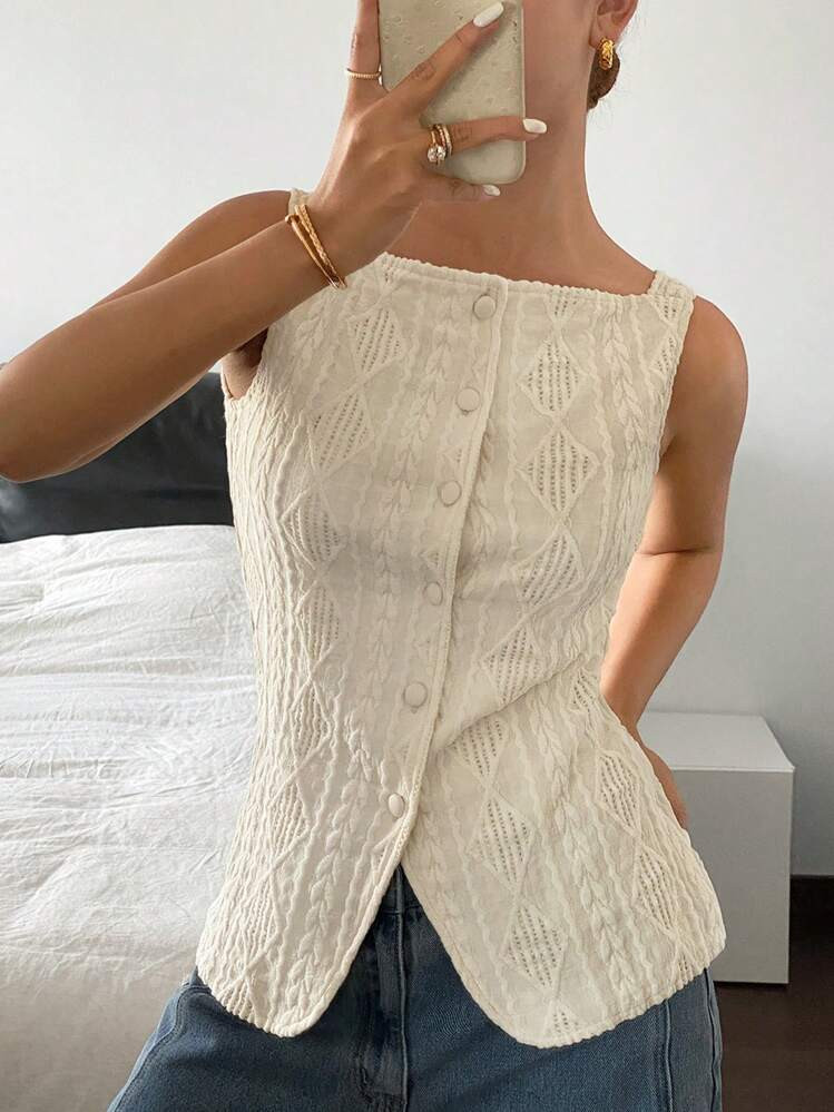 Siren Gaze Women's Sleeveless Geometric Textured Single-Breasted Casual Shirt, Geometric Texture And Micro-Stretch Fabric, Women Slim Fit Top Shirt, Elegant And Fashionable For Commuting, Simple Fashion Casual Everyday Cami Tank Top, Spring/Summer, Sleeveless Top, Old Money Blouses, Western Wear Women | SHEIN