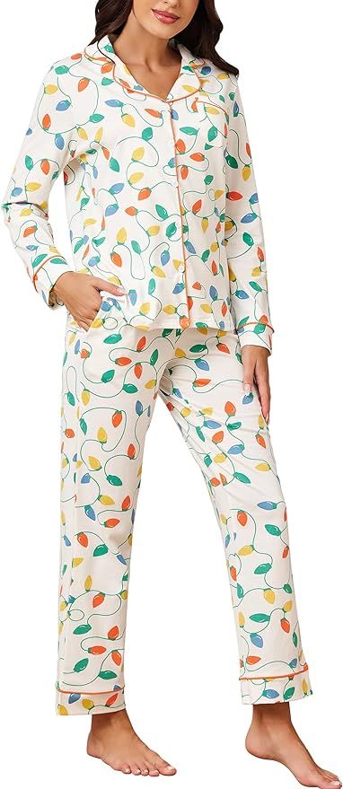 LUBOT 100% Cotton Pajamas for Women PJ Set Button-Down Pajama Soft Knitted Long Sleeve 2PC Sleepw... | Amazon (US)