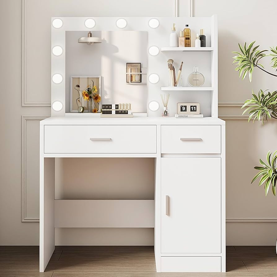 Vanity Desk with Mirror and Lights, Makeup Vanity with Drawer & Storage Shelves, Cabinet, 3 Light... | Amazon (US)