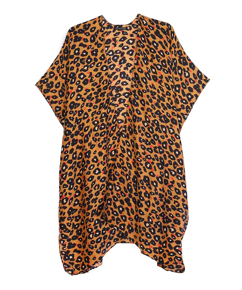 Camel Leopard Short-Sleeve Kimono - Women | zulily