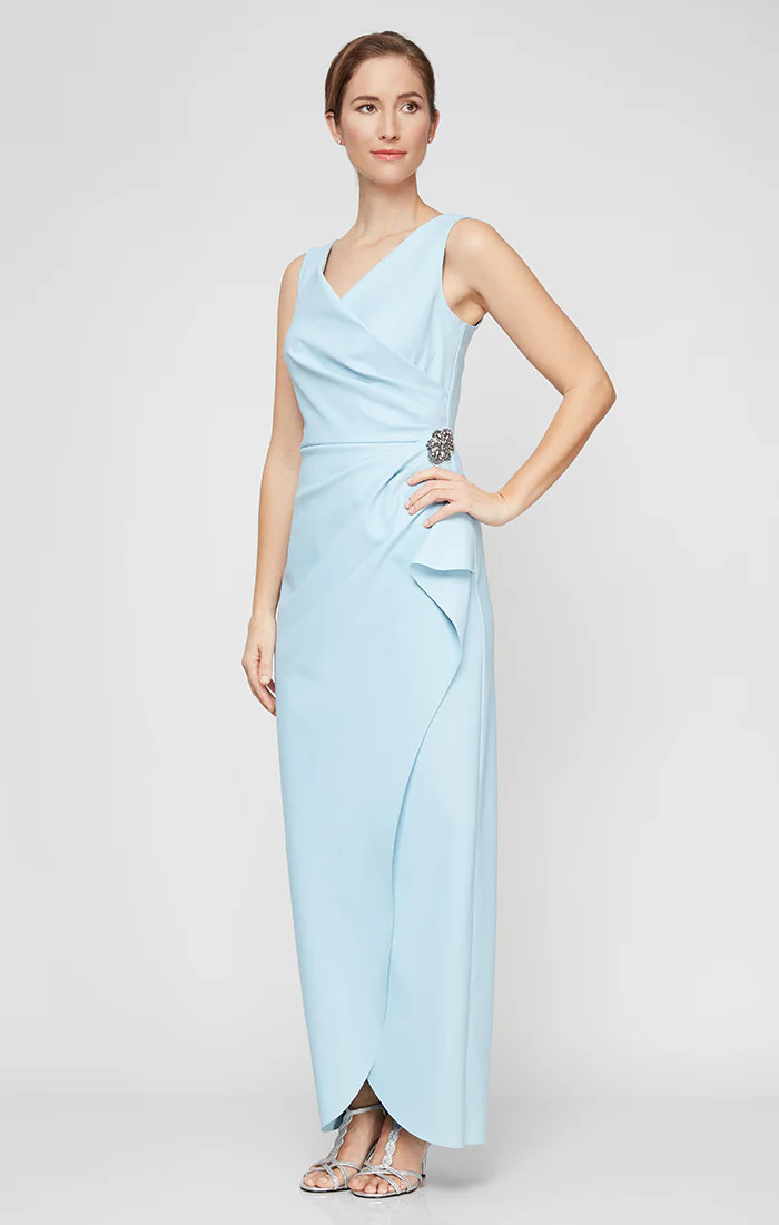 Sleeveless Compression Sheath Gown with Surplice Neckline &amp; Beaded Detail at Hip | Alex Evenings