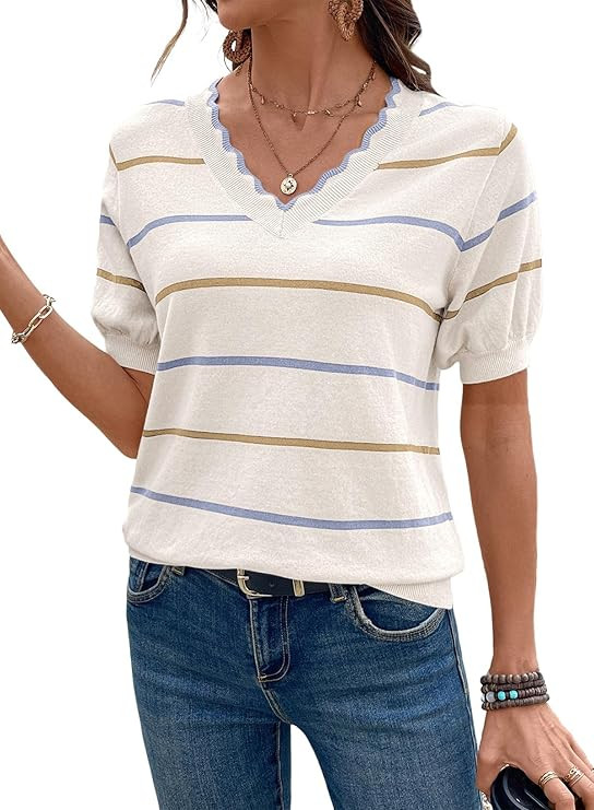 Dokotoo Womens Summer Short Sleeve Knit Tops 2026 Trendy Casual V Neck Striped Sweater Blouses | Amazon (US)