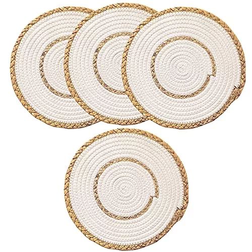 Fennco Styles Hand-Woven Rattan Cotton Rope Placemats 12-Inch Round, Set of 4 - White Braided Tab... | Walmart (US)