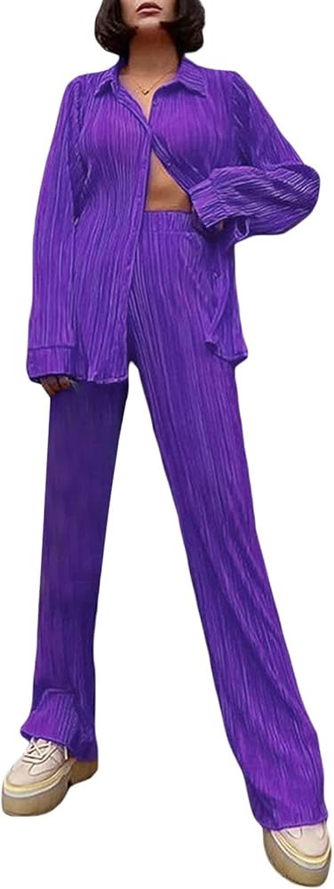 NUFIWI Women Y2K 2 Piece Pants Set Oversized Floral Printed Button Down Shirt High Waist Pants Ou... | Amazon (US)