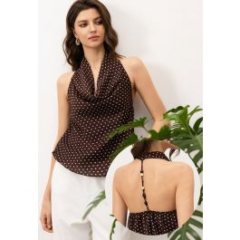 Dotted Draped Neck Open-Back Halter Chiffon Top for Dinner Dates & Rooftop Gatherings | Chicwish