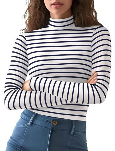Turtle Neck Shirts for Women Striped Ribbed(Navy and White,M) | Amazon (US)