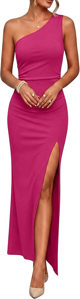 Caracilia Womens Summer One Shoulder Formal Dress Bodycon Ruched High Split Wedding Guest Cocktai... | Amazon (US)