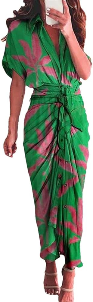 Women Printed Shirt Dress Button Elegant Dresses Short Sleeve Vintage Tie-Up Long Robe | Amazon (US)