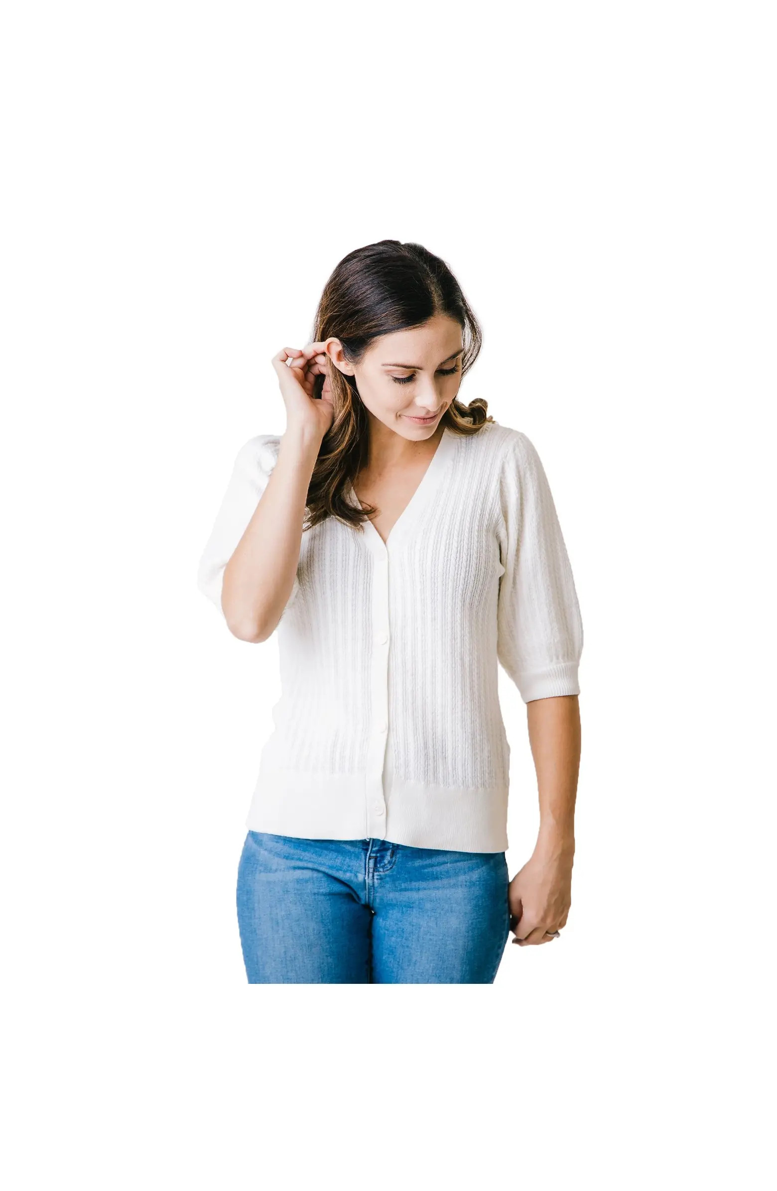 Hope & Henry Women's Puff Sleeve Button Front Sweater | Nordstrom | Nordstrom