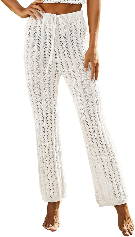 LOMON Women Cover Up Pants Crochet High Waist Pants Mesh Bikini Bottom Beach Bathing Suit | Amazon (US)
