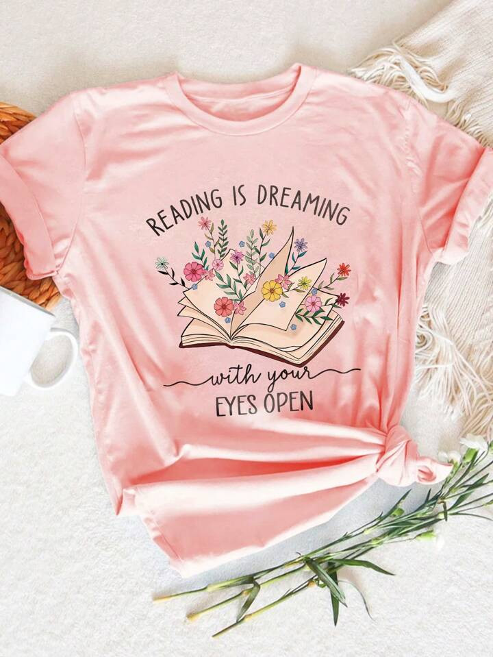 SHEIN Essnce Book Shirt, Reading T-Shirt - Reading Is Like Dreaming With Eyes Open, For Librarian... | SHEIN