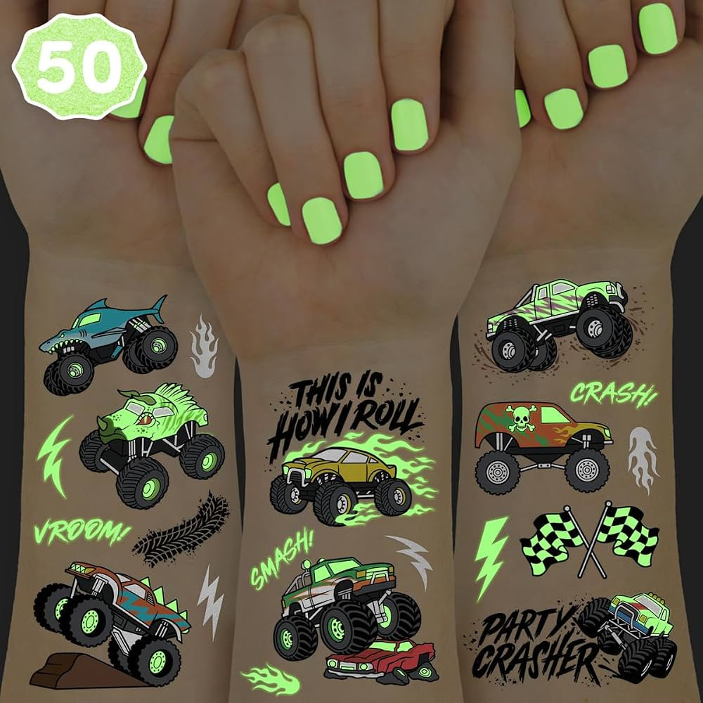 xo, Fetti Glow In The Dark Monster Truck Temporary Tattoos - 50 Foil Styles | Truck Birthday Part... | Amazon (US)
