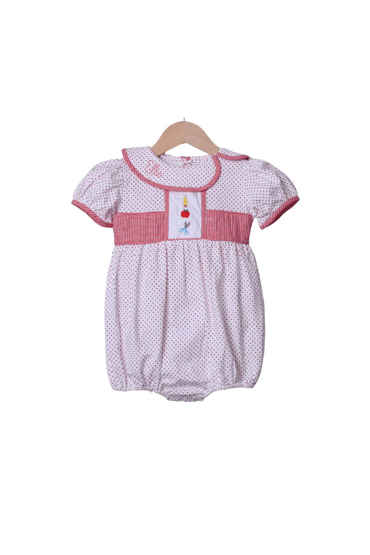 Embroidered School Supplies Red Bitty Dot Bubble | The Smocked Flamingo