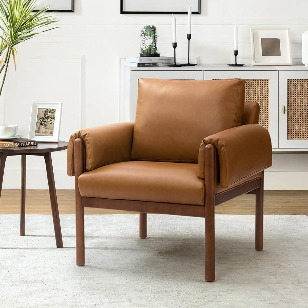 HULALA HOME Faux Leather Accent Chair w/Removable Backrest and Arm Cushion, PU Mid-Century Modern... | Amazon (US)