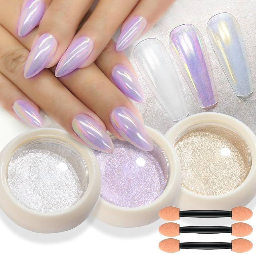 evpct 3Pcs Chrome Nail Powder Kit for Nails Polish White Purple Yellow Pearl Mermaid Rainbow Holo... | Amazon (US)