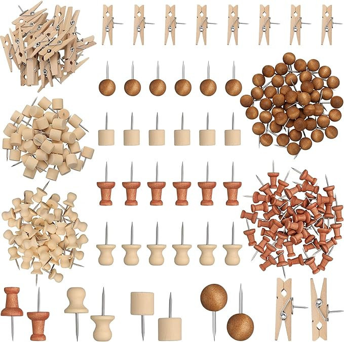 230 Pieces Wood Push Pin Decorative Thumb Tacks Wooden Head Pin Wood Map Tacks Marking Pin Wood T... | Amazon (US)
