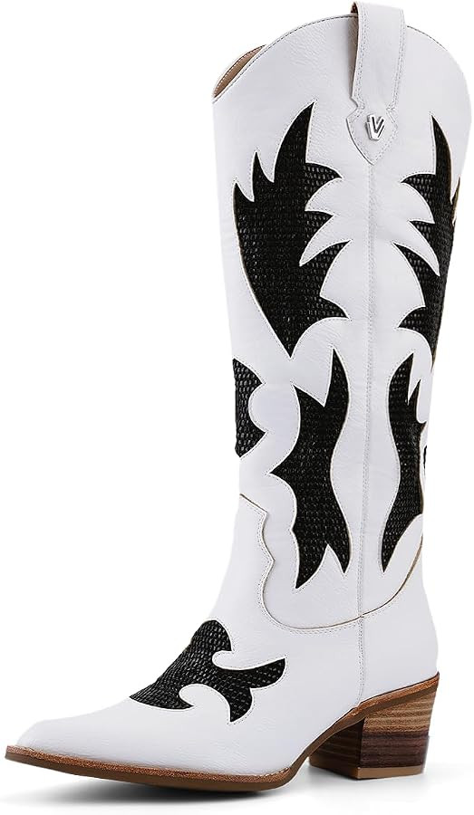 QIV Cowboy Boots for Women Western Mid Calf Pointed Toe Chunky Heel Cowgirl Boots with Embroidere... | Amazon (US)