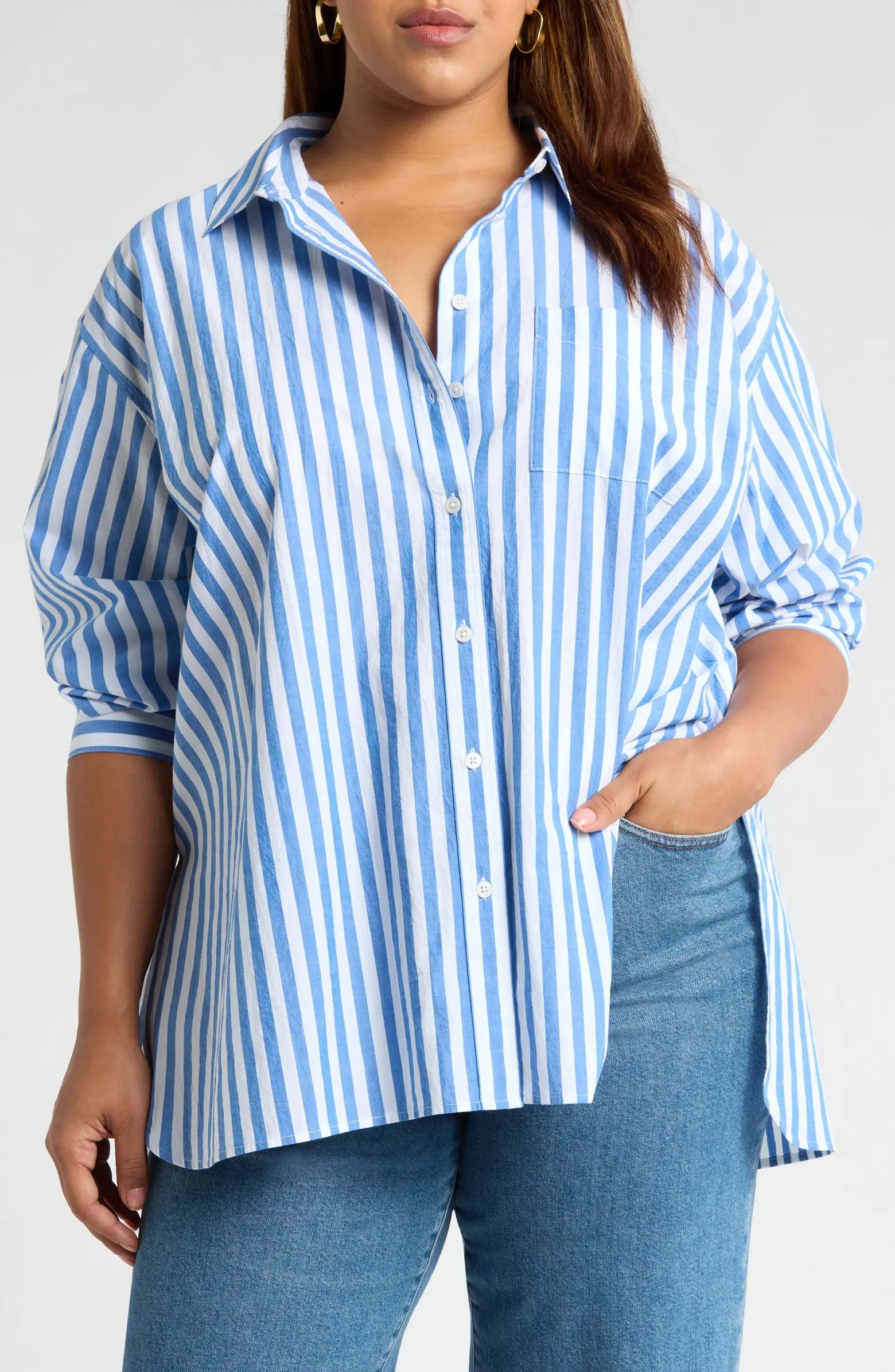The Plus Signature Poplin Oversize Button-Up Shirt in Springy Stripe | Nordstrom