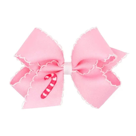 Medium Grosgrain Hair Bow with Moonstitch Edge - Pink with Candy Cane | JoJo Mommy