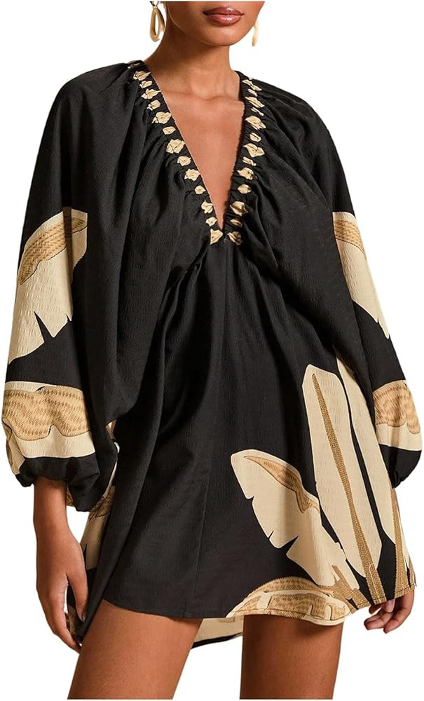 WDIRARA Women's Boho Floral V Neck Short Dress Lantern Sleeve Tie Back Flowy Tropical Dresses | Amazon (US)