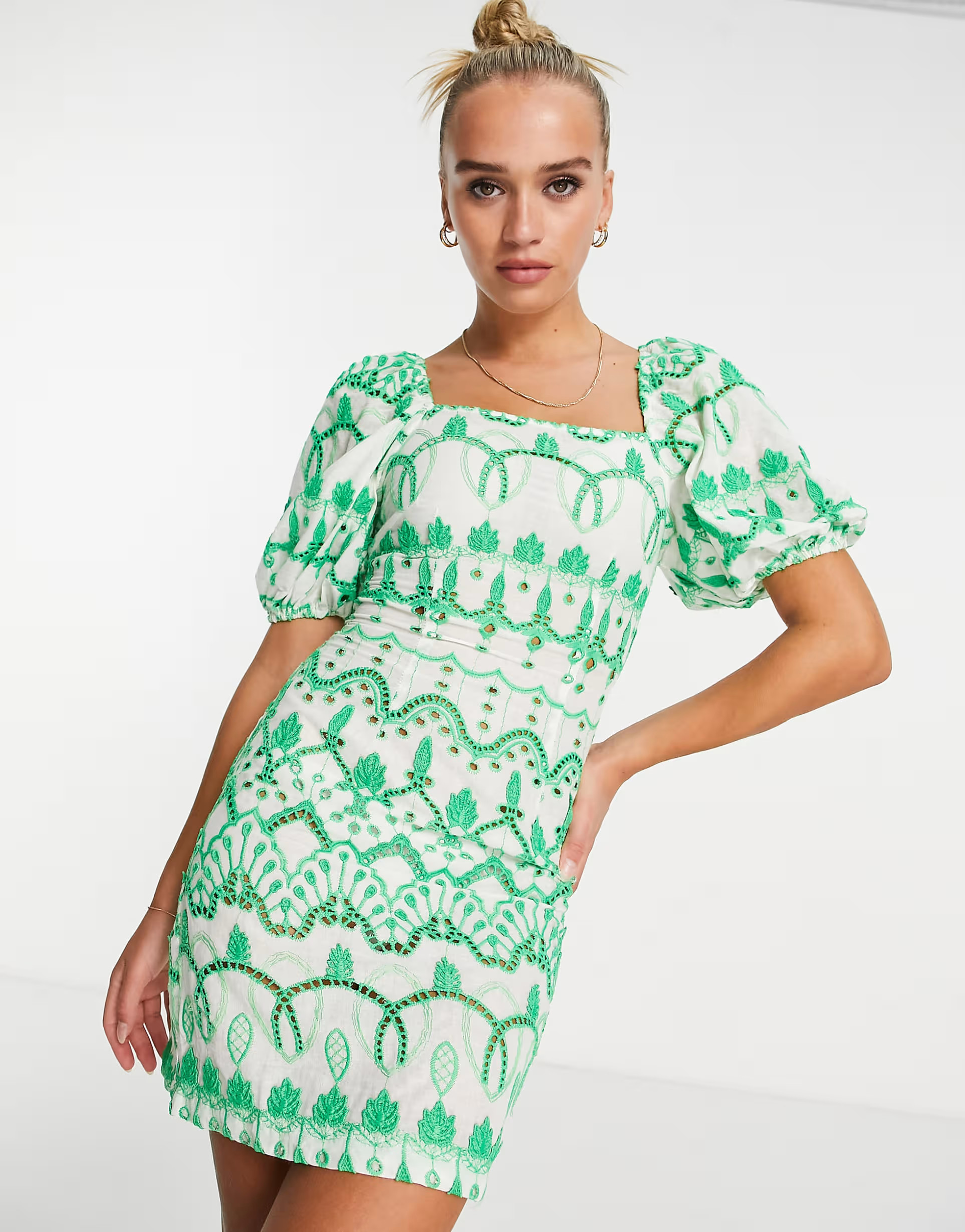 Never Fully Dressed puff sleeve broderie mini dress in green | ASOS (Global)