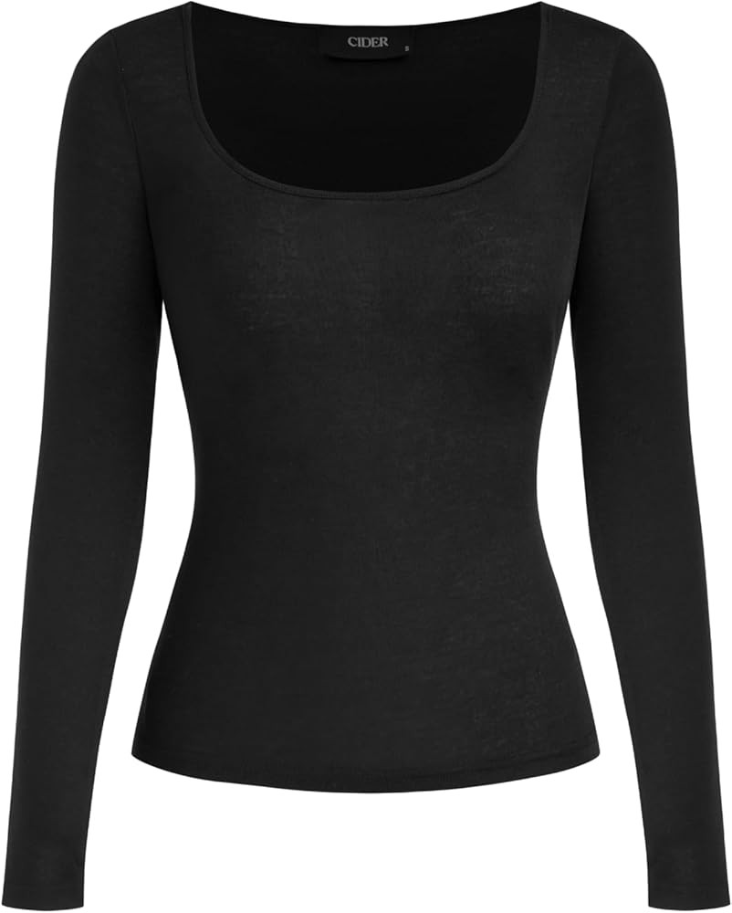 CIDER Square Neck Tops for Women Sheer Solid Long Sleeve Basic Tee Shirt Top: Black, S at Amazon ... | Amazon (US)