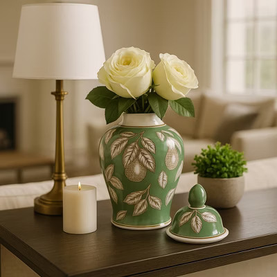 Decorative Ceramic Temple Jar for Living Room Decor - Modern Pear and Twigs Design Jar for Room, Office, and Home Decor - 10", Green & Brown | Target