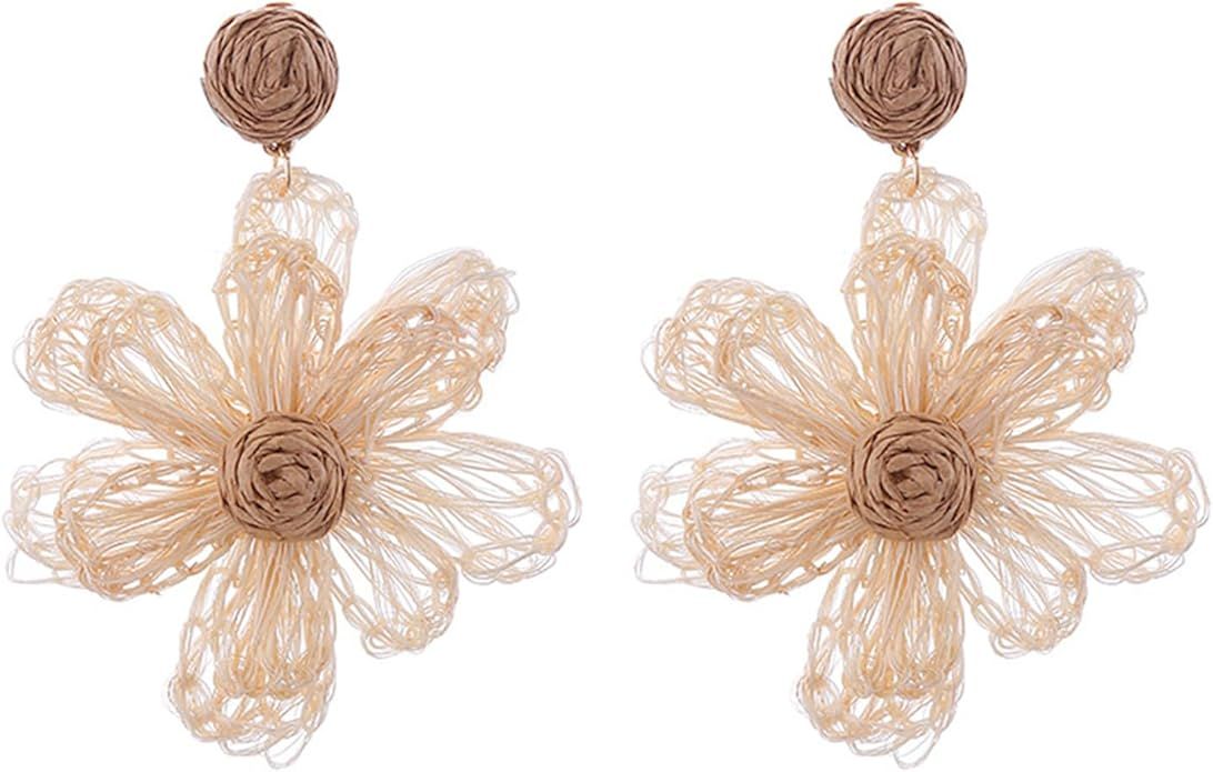 Raffia Flower Earrings – Handmade Rattan Flower Earrings Bohemia Statement Drop Fringe Earrings... | Amazon (US)