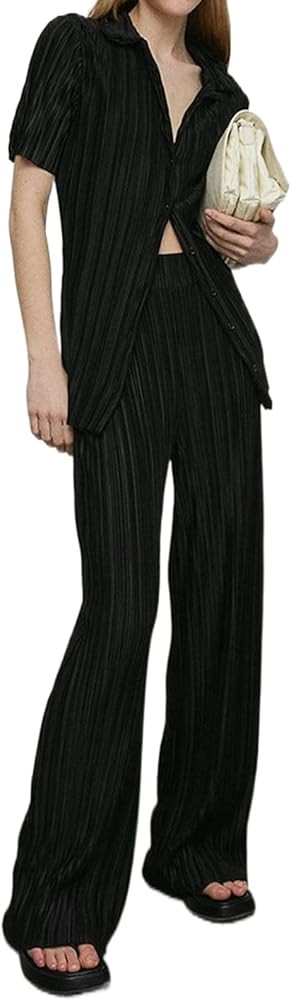 NUFIWI Women Y2K 2 Piece Pants Set Oversized Floral Printed Button Down Shirt High Waist Pants Ou... | Amazon (US)